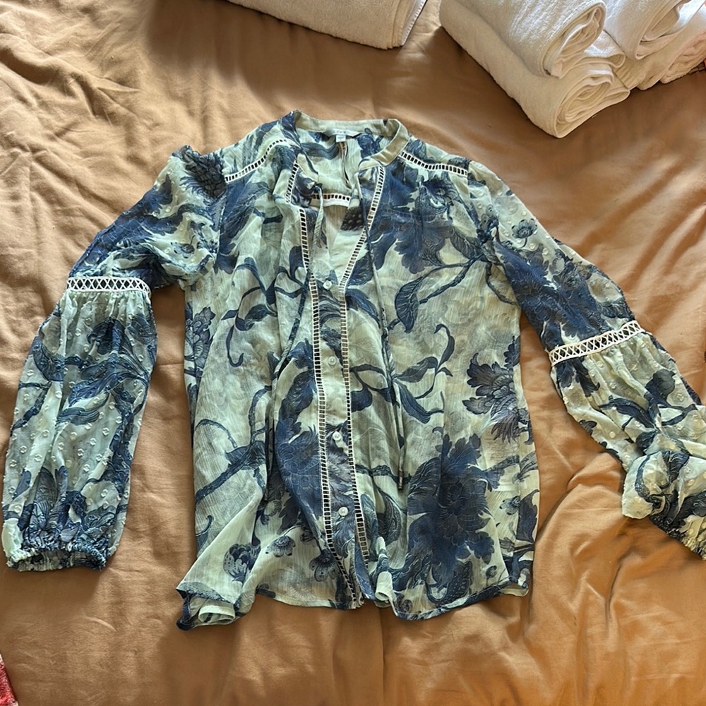 Guess Sheer Blouse with Blue and Cream Floral Design